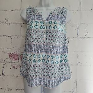 Talbots Sleeveless 1/2 Button Blouse Small Smocked Neck Multicolor Fair Isle